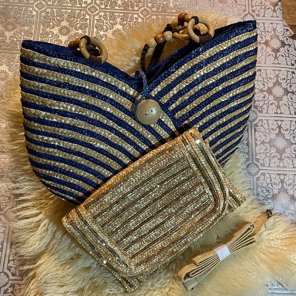 Voux Womens Blue Gold Limited Edition Straw Tote Handbag With Matching Clutch
